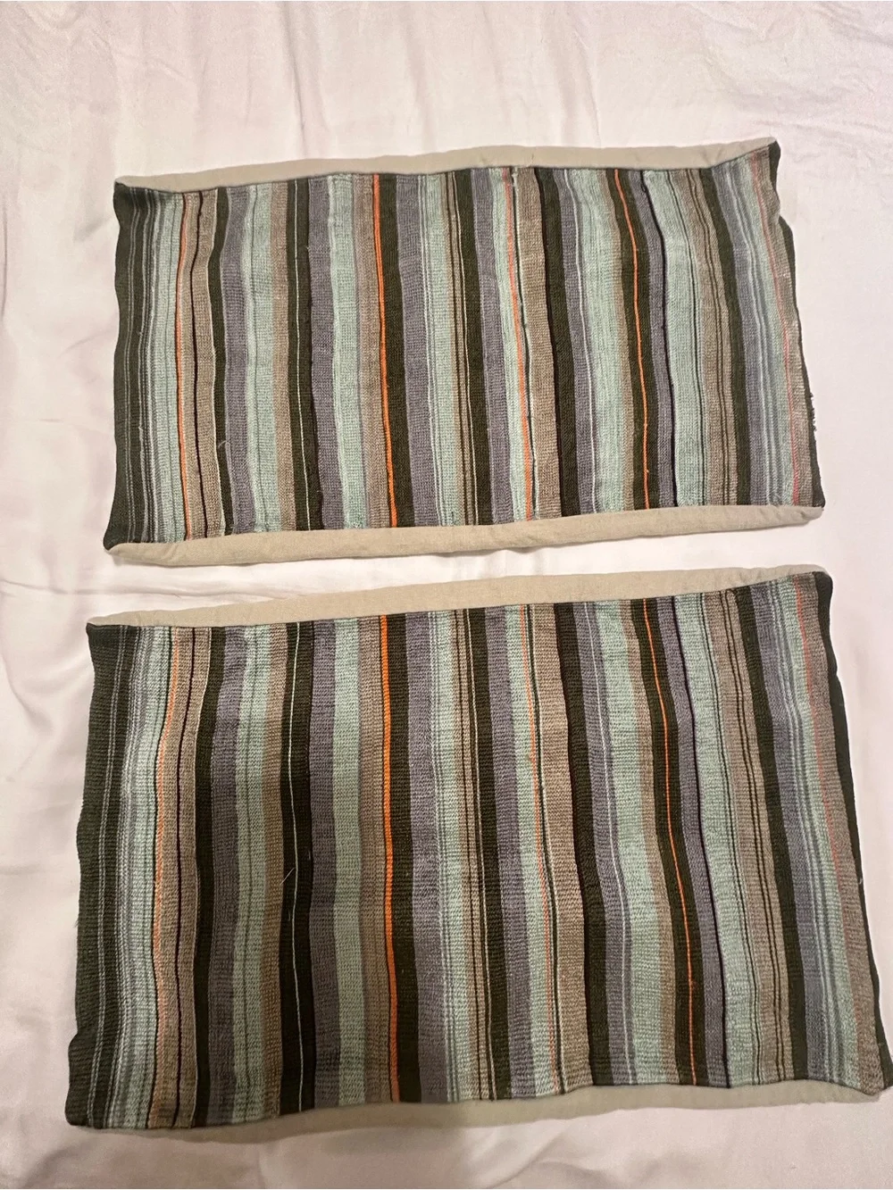 Crate&Barrel Striped pillow covers in Sage Green, Taupe and Orange